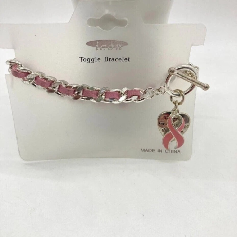 Icon Pink Ribbon Toggle Bracelet‎ Breast Cancer Awareness Heart Charm Fashion